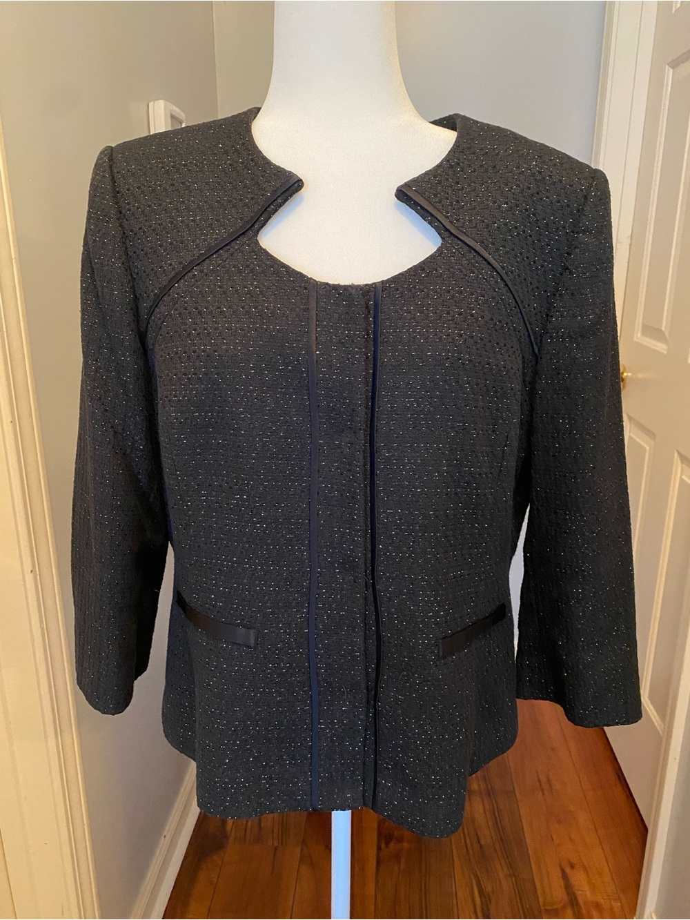 ANTONIO MELANI Black Metallic-Thread Tweed Collarless Open-Front Jacket